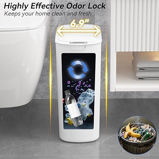 Automatic Motion Sensor Bathroom Trash Can with Lid, 5 Gallon Touchless Trash Bin,Smart Electric Narrow Waterproof Garbage Bin for Toilet, Office, Bedroom, Living Room, Dorm (White
