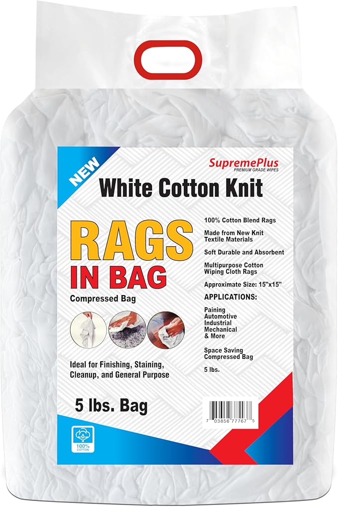 New Cotton T-Shirt Cleaning Rags Bulk (5 lbs. Bag) - White Bag of Rags for Painters, Auto Shops, Cleaning, Staining Cloth for Oil, Grease