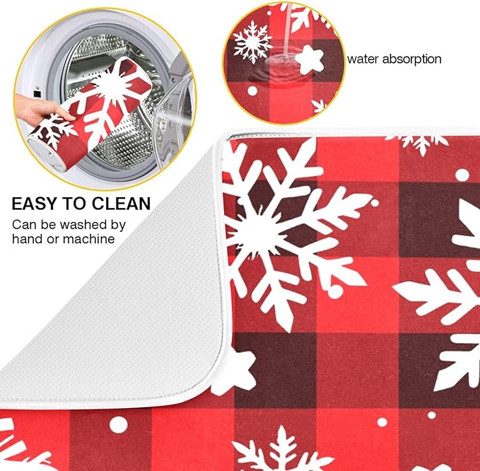 Snowflakes Christmas Checkered Plaid Dish Drying Mat for Kitchen Counter Absorbent Microfiber Drying Pad, Medium 16x18 in