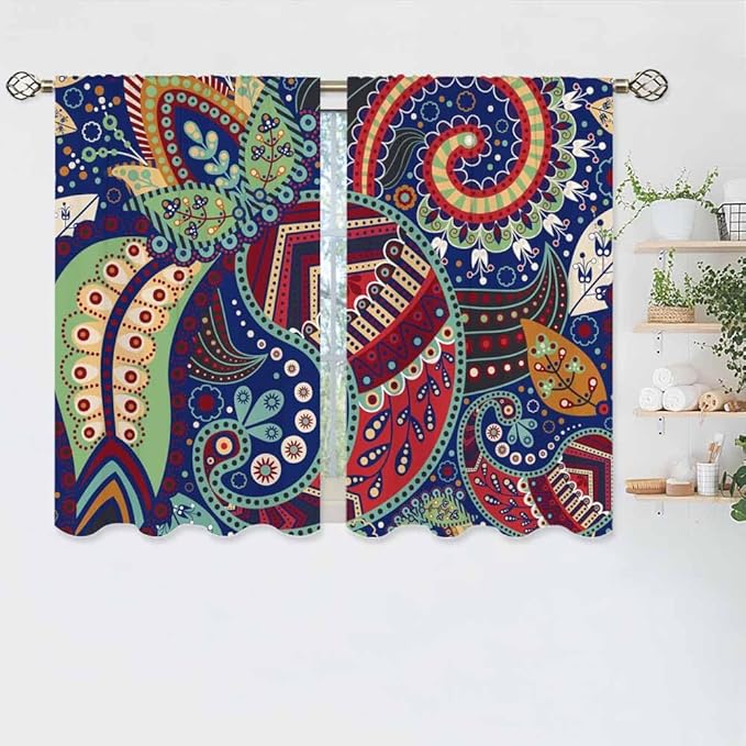 Ethnic Pattern Kitchen Curtains Paisley Lndia Abstract Floral Exotic Ornate Flourish Artistic Short Tier Curtains for Bathroom Cafe Small Window Drapes Treatment 2 Panels (27.5x39 Inch)