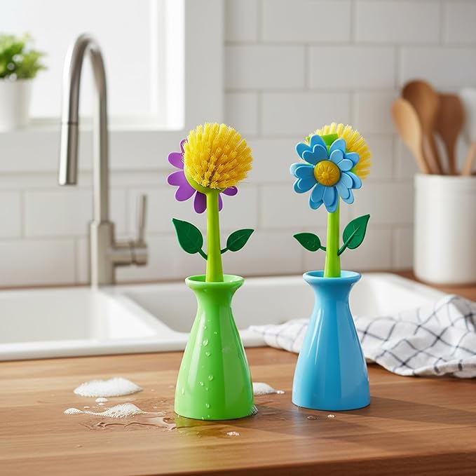 Long Handle Vegetable and Fruit Brush, Florganic Dish Brush with Vase, Long Handle Dish Brush Kitchen, for Cleaning Pot Pan Sink Kitchen Supplies Decorative Vase (2 Pcs) (Green/Blue)