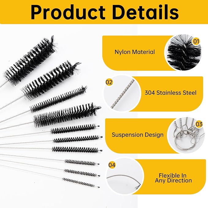 10-Pack Straw Cleaner Brush Set, 8.3" Long Nylon Tube Brushes with 304 Stainless Steel Handles for Bottles, Straws, Pipes, Coffee Makers & Narrow Neck Containers