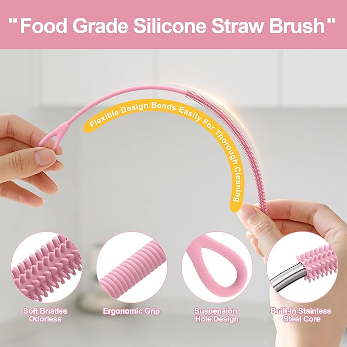Silicone Straw Cleaner Brush - 4 Pcs Straw Brush for Water Bottle Sippy Cup Tubes Glass Straws, Reusable Bendable and Dishwasher Safe Blue