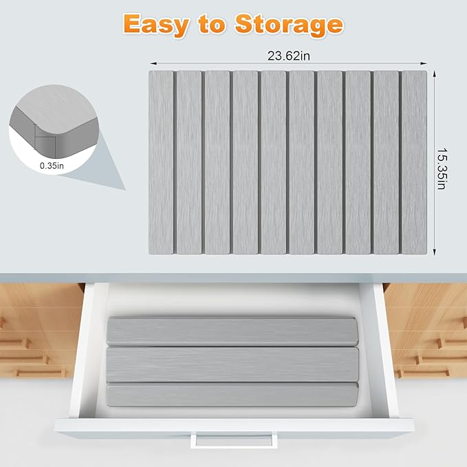 Stone Dish Drying Mat for Kitchen Counter, Collapsible Dish Drying Mat 24"(L)×16"(W) Absorbent Diatomaceous Earth Drying Mats, Quick Dry Stone Mat for Cups Dishes Kitchen Bathroom Any Countertop Gray