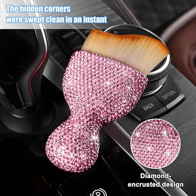 Bling Car Detailing Brush, Crystal Rhinestone Non-Scratch Vehicle Cleaning Dust Brush for Air Vent & Dashboard, Soft Bristles Automotive Interior Cleaning Tool, Universal Fit (Pink)