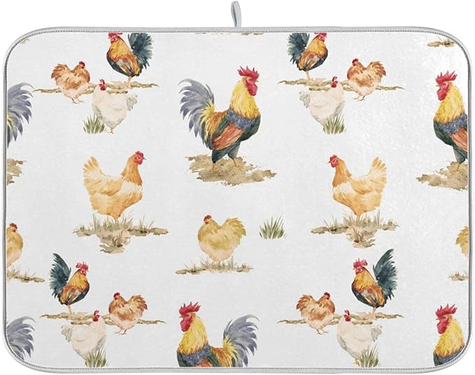 Tarity Watercolor Chickens And Rooster Dish Drying Mat for Kitchen Counter Absorbent Heat Resistant Microfiber Dishes Drainer Mat 18x24 in Large Dish Pad Sink Mat Protective Pad Kitchen Decor