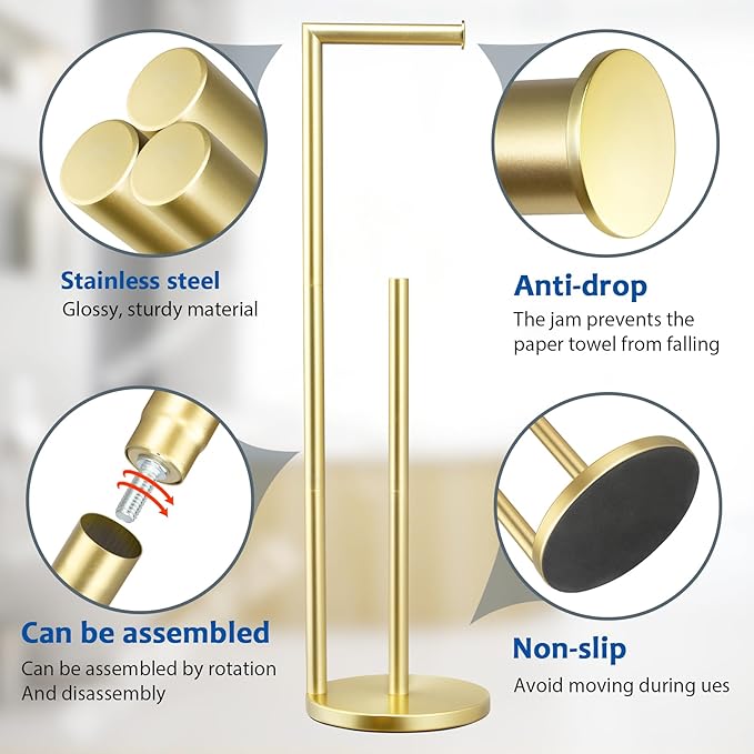 Toilet Paper Holder Stand,Toilet Paper Holder Free Standing,Toilet Paper Roll Holder for 4 Rolls,Gold Bathroom Toilet Paper with Storage…