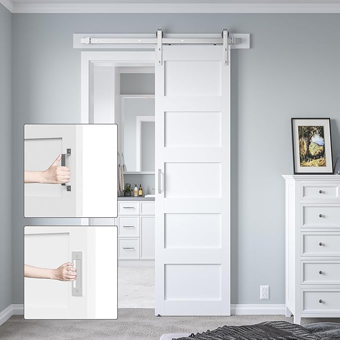 28in x 84in White Sliding Barn Door with 5ft Brushed Nickel Barn Door Hardware Kit & Handle, 5-Panel, Pre-Drilled Holes Easy Assembly, Water-Proof PVC Surface