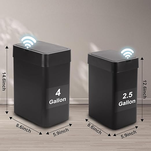 2 Pack Bathroom Trash Can with Lid - 2.5 Gal and 4 Gal Motion Sensor Garbage Bin, Smart Rubbish Bin, Waterproof Slim Dustbin, Automatic Plastic Trash Can for Bathroom, Office, Black