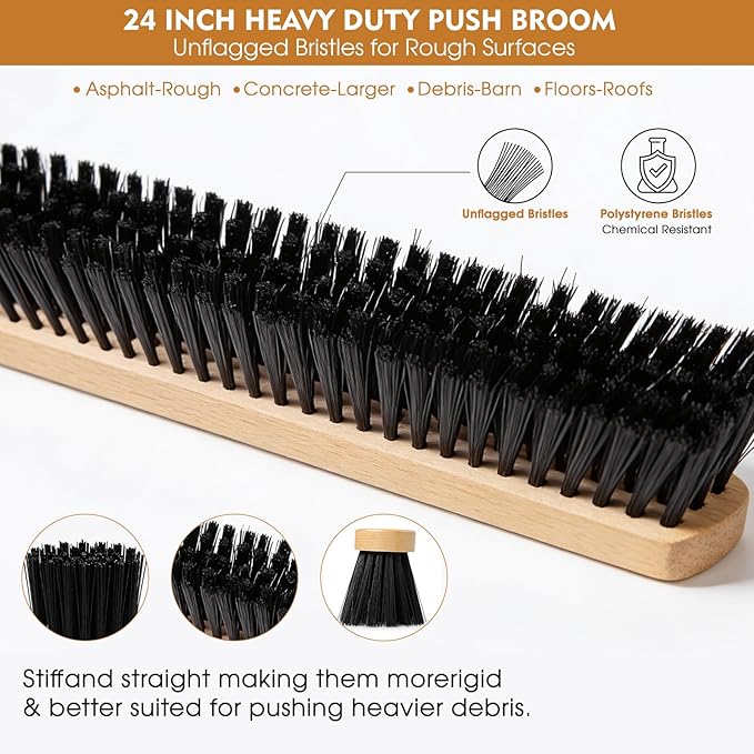 24-Inch Push Broom Set for Indoor & Outdoor Cleaning, Heavy Duty Sweeping Brooms with 61-Inch Solid Wood Handle, Soft & Stiff Bristle Combo for Garage, Shop, Patio & Home (2-Pack)