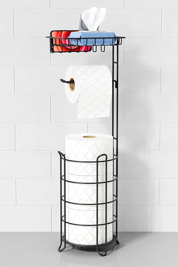 Matte Black Free Standing Toilet Paper Holder Stand with Shelf, Freestanding Bathroom Tissue Dispenser with Wipes Storage, Floor Toilet Paper Holder with Phone Tray for Large Mega Rolls