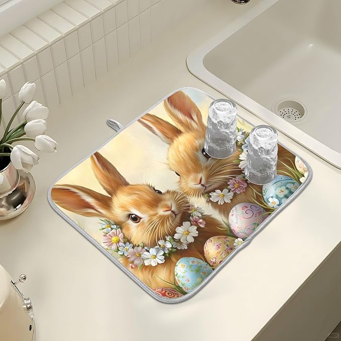 Cute Rabbit Bunny Easter Eggs Dish Drying Mat for Kitchen Counter Absorbent Microfiber Small Drying Pad Dish mats for Kitchen Countertops 16 x 18 Inch