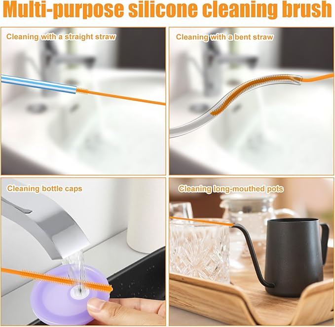 2pcs Silicone Straw Brush, 9.5in Straw Cleaner Brush Extra Long Cleaning Brushes Reusable Travel Drinking Bottle Lid Cleaning Tool for Stanley Metal Glass Straws (Orange)