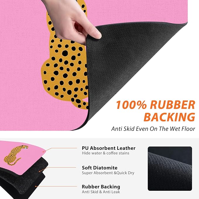 Preppy Dish Drying Mat - Hot Pink Preppy Leopard Absorbent Dish Drying Mat for Kitchen Counter, Coffee Bar Mat, Coffee Maker Mat for Countertops, Dish Rack Drainer Mat, 16x17.5 Inch
