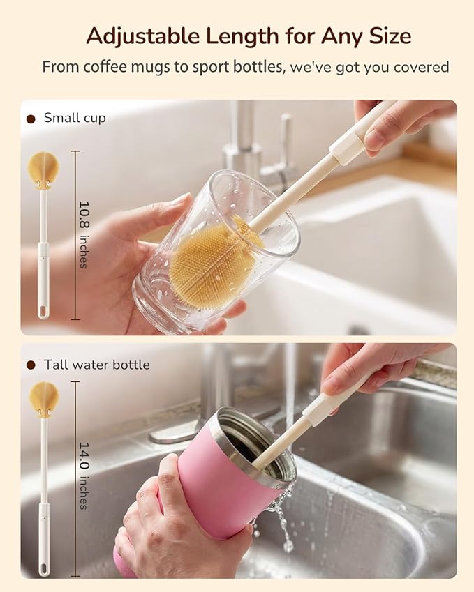 Extendable Bottle Brush with Straw Cleaner Brush, 10.8 to 14 Inches Adjustable Long Handle Water Bottle Scrubber for Cleaning Glasses, Cups, Coffee Mugs, tumblers with Replacement Head, White
