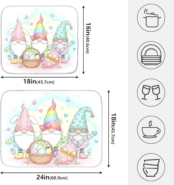 Colorful Easter Cute Gnomes Dish Drying Mat for Kitchen Counter Absorbent Microfiber Small Drying Pad Dish mats for Kitchen Countertops 16 x 18 Inch