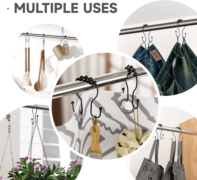 Shower Curtain Hooks Shower Curtain Rings Black Shower Curtain Hooks RustProof Smooth Metal Double Shower Curtain Hook, Shower Hooks for Shower Curtain Liner Bathroom Shower Rod Hook