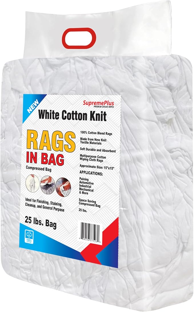 New White Cotton T-Shirt Knit Bag of Rags (25 lbs.) - Multipurpose Shop Rags Bulk for Wiping, Painting, Staining, Polishing - Soft & Absorbent Cloths for Cleaning