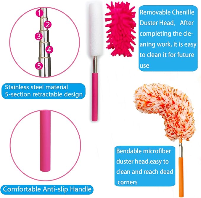 4 Pack Multi-Head Duster Kit, 13" to 30" Extendable Pole, Microfiber & Chenille Heads, Blue, Green, Orange, Multicolor, Washable, Bendable, For Furniture & Wall
