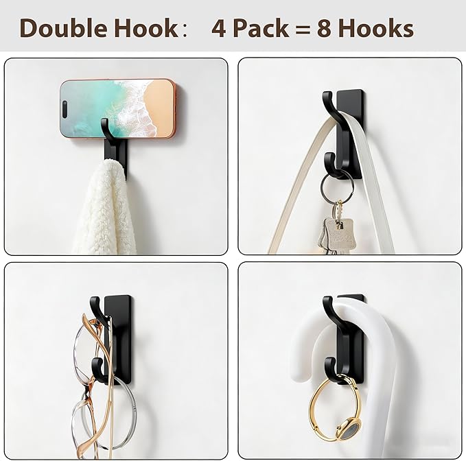 pickpiff Wall Hooks with Adhesive Strip - Easy to Remove, No Residue, Strong Heavy Duty Sticky Towel Hook, 4 Pack Black