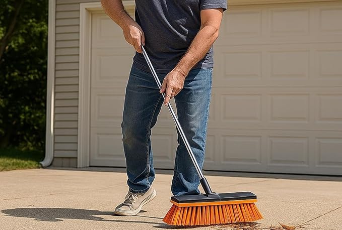 19" Outdoor Broom with 58" Long Handle & Rubber Squeegee,Push Broom for Cement Floors and Courtyards, Push Broom Outdoor Heavy Duty Stiff Bristles for Driveway, Patio, Garage Cleaning