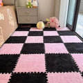 12Pcs Interlocking Carpet Tiles,12"x 12" Plush Interlocking Foam Carpet Tiles with Border,Fluffy Play Mat Floor Tiles Thick Padded Squares Foam Tiles for Playroom Decor (Pink+Black)