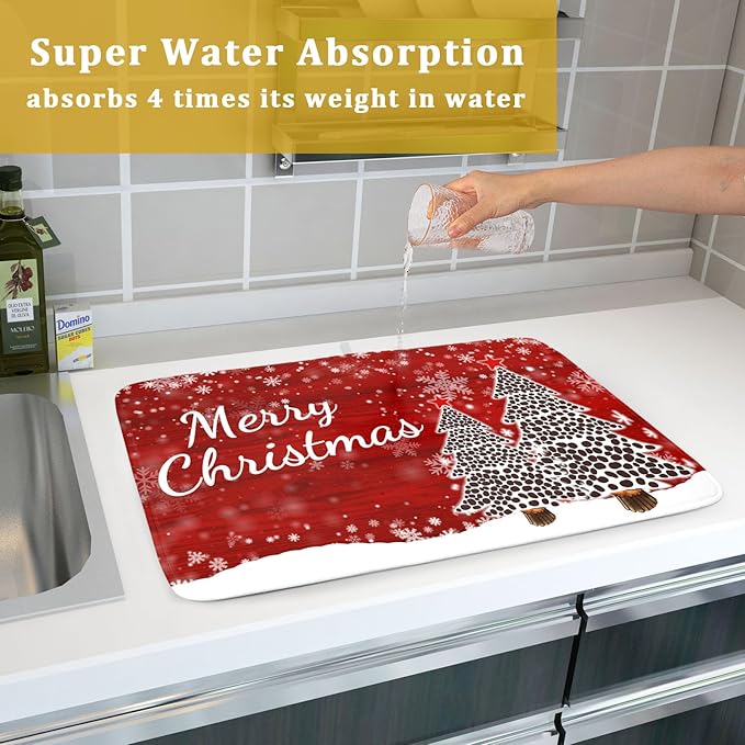 Merry Christmas Tree Red Dish Drying Mat for Kitchen Counter,Winter Snowflake Pine Drying Mat 18 x 24 Inch with Absorbent Reversible Microfiber Dish Drying Pad for Coffee Bar