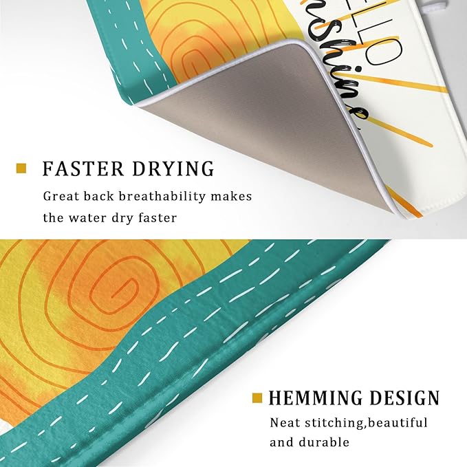 Summer Seaside Sunset over Sea Dish Drying Mat for Kitchen Counter,Hello Sunshine Drying Mat 18 x 24 Inch with Absorbent Reversible Microfiber Drying Pad for Coffee Bar