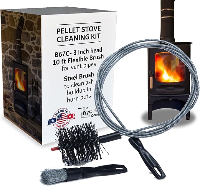 Pellet Stove & Dryer Vent Cleaner Kit – 10 ft Long Steel Flexible Brush for Fireplace Chimney, Ash, Lint & Soot Buildup Removal - Pellet Stove Cleaning Kit – B67C by FryOilSaver Co