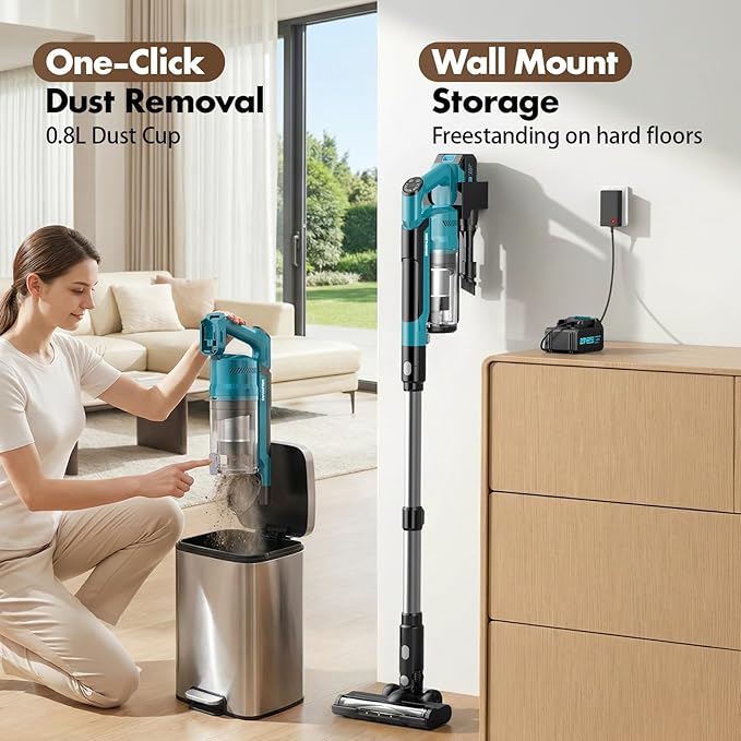 Cordless Vacuum Cleaners for Home with 2*Battery 8000mAh, Brushless Rechargeable Stick Vacuum with 3 Mode, 6 In 1 Portable Handheld Cordless Vacuum for Pet Hair /Hardwood Floor/Dorm/Carpet (Blue)