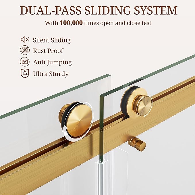 56-61" W x 72" H Frameless Shower Door, Double Sliding Glass Shower Door with 3/8" (10mm) SGCC Tempered Glass, Dual 304 Stainless Towel Bars Bathroom Shower Glass Door (Brushed Gold)