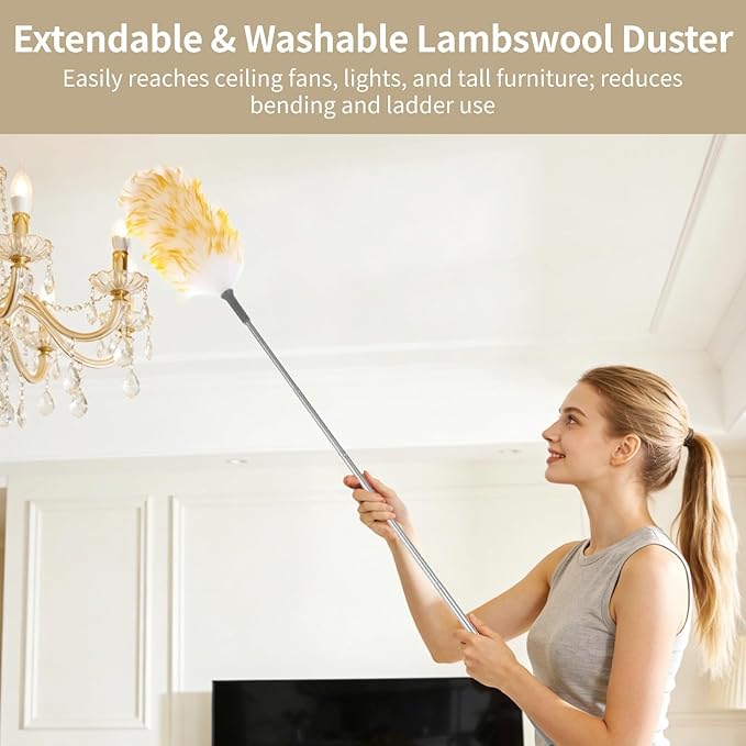 Lambswool Duster with 2 Replacements, Extends to 53 in, Anti-Scratch, Electrostatic, for Ceiling Fans, Furniture, Crafts