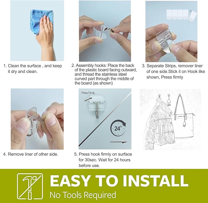15 Clear Small Wall Hooks with 20 Strips for Hanging, Wire Toggle Hooks for Walls No Damage, Utility Hooks Heavy Duty with Adhesive Strips for Hanging Decorations in Living Spaces, No Tools.