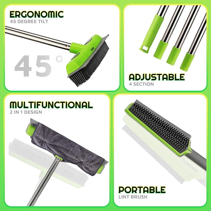 Carpet Rake for Pet Hair Removal with 61" Long Handle, 2 Microfiber Clothes, Squeegee & Pet Silicone Brush,4 in 1 Green Multi-Surface Hair Remover for Rugs,Carpets,Floors, Tiles, Couches