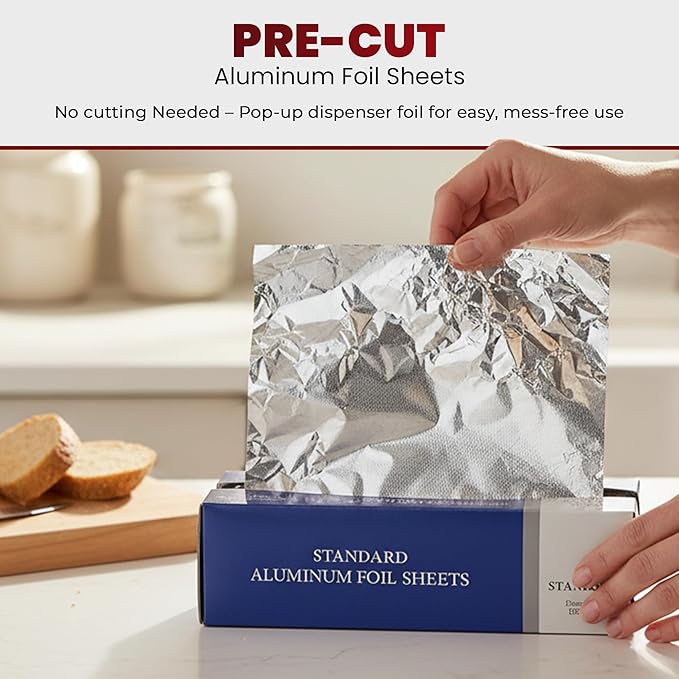 Aluminum Foil Sheets, 500 Count – 9" x 10.75" Pre-Cut Pop-Up Dispenser for Food Wrap, Sandwich Wrap, Hair Foils, Food Storage, Baking, Catering, Restaurant, Salon Use