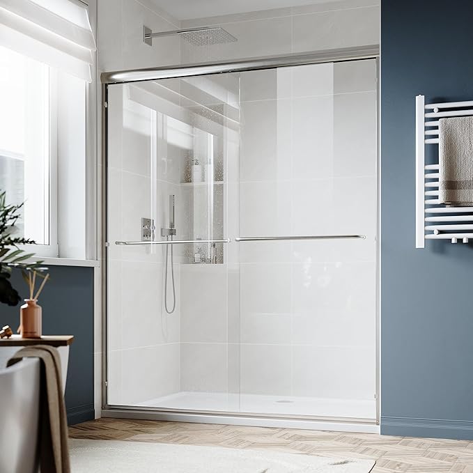 SUNNY SHOWER Double Sliding Glass Door 60" W x 72" H Shower Door 1/4" Tempered Glass Sliding Door Semi-Frameless Shower Glass Enclosure Bypass Walk in Shower Cabin, Brushed Nickel