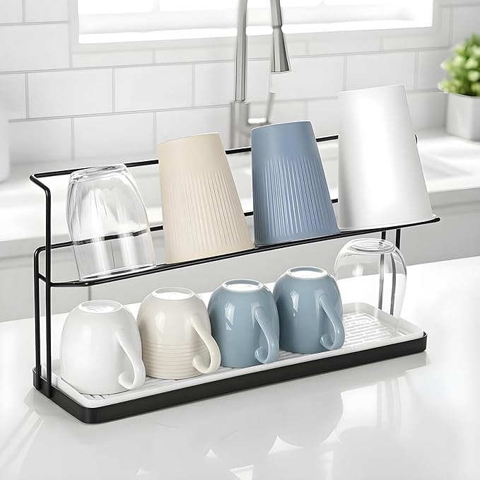 2-Tier Bottle Drying Rack Cup Cradle Storage with Drain Removable Tray Mug Organizer, Over Sink Instant Dry Small Dish Dryer for Kitchen Countertop Water Bottles and Tumblers,Coffee Mugs, Glasses,