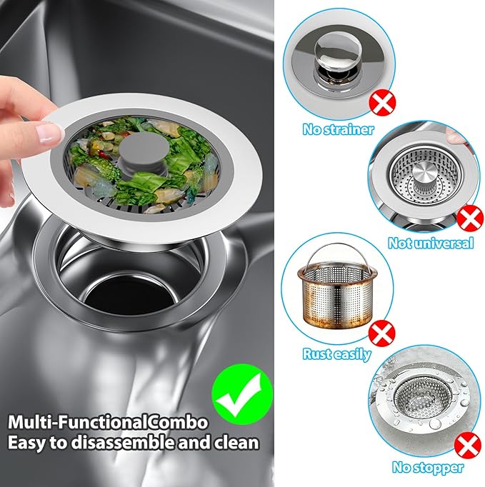 3 in 1 Kitchen Sink Drain Strainer & Sink Stopper, Anti-Clogging Sink Food Catcher Basket, Anti-Clog & Odor-Proof Drain Filter, Fits 3-1/2 Inch Sink Drain Holes (Silver-1Pack)