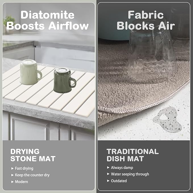 Large Stone Dish Drying Mats for Kitchen Counter, Eco - Friendly Diatomaceous Stone Mats, Non - Slip Collapsible Absorbable Stone Dish Drying Mat for Multi - Purpose, Match Any Countertop, 24"×16"