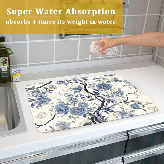 Chinoiserie Trees Dish Drying Mat for Kitchen Counter,Bule Birds Flowers Drying Mat 18 x 24 Inch with Absorbent Reversible Microfiber Drying Pad for Coffee Bar