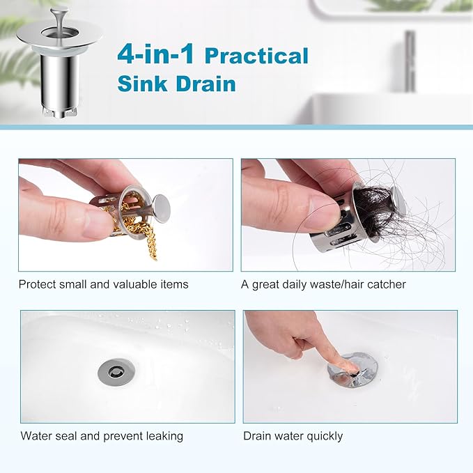 Universal Bathroom Sink Drain Strainer Hair Catcher Upgraded with Visible Top Stainless Basket, 3 in 1 Pop Up Sink Stopper for 1.1''~2.36'' Sink Basin Hole, Chrome