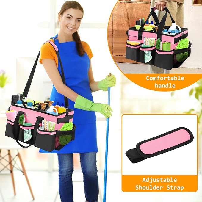 Wearable Cleaning Caddy Organizer with Handle & Shoulder Straps for Cleaners, 5 Compartments, Housekeeping Tote for Kitchen & Bathroom, Car Tool Caddy Organizer Bag (pink)