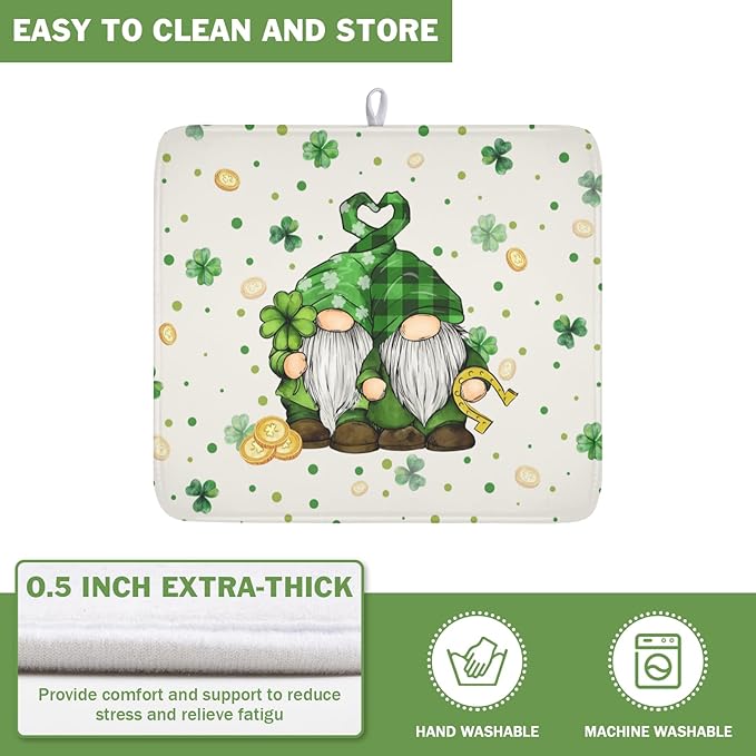 St Patrick's Day Gnome Dish Drying Mat for Kitchen Counter,Inch Lucky Shamrock Gold Coin Drying Mat 16 x 18 Inch with Absorbent Reversible Microfiber Dish Drying Pad for Coffee Bar