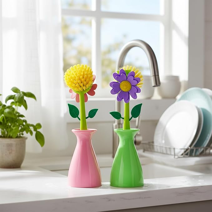 Long Handle Vegetable and Fruit Brush, Florganic Dish Brush with Vase, Long Handle Dish Brush Kitchen, for Cleaning Pot Pan Sink Kitchen Supplies Decorative Vase (2 Pcs Green, Pink)