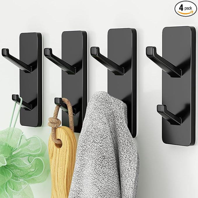 Self Adhesive Coat Hooks for Hanging: Heavy Duty Stainless Wall Hook for Towel, Backpack, Hat, Sturdy Metal Hanger for Bathroom, Bedroom, Door, Dorm, 4-Pack, Matt Black