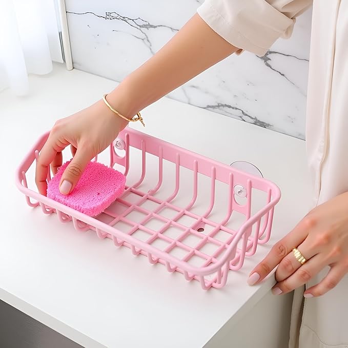 Pink Multifunctional Drain Rack,Hanging Storage Rack Drain Rack Sink Shelf Suction Cup Dishwashing Soap Sponge Holder for Kitchen Accessories