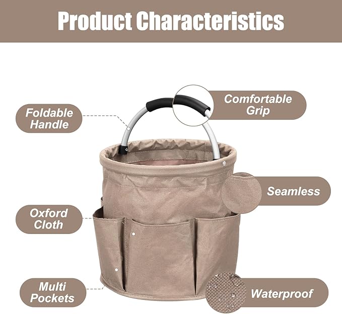 17L Portable Cleaning Bucket Organiser, 6 Pockets Foldable Cleaning Caddy with Handle Wearable Cleaning Caddy Bag for Outdoor Camping Garden Harvest Basket Home Bathroom Storage (Khaki)
