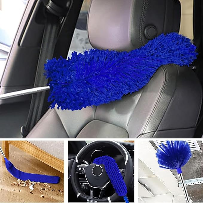 Ceiling Fan Cleaner Dusters for Cleaning 6-in-1 Kit, Cobweb Duster with Extension Pole, 100 Inches High Ceiling Fan Blade Cleaners with 5 Reuseable Dusting Heads for Windows and Blinds- Blue