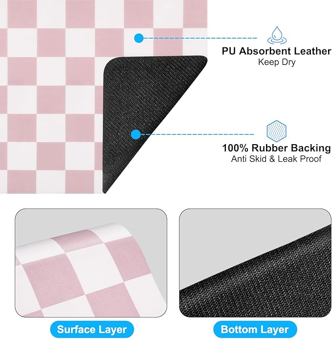 Checkered Dish Drying Mat for Kitchen Counter, Absorbent Non-Slip Coffee Mat, Heat Resistant Mat for Countertops Coffee Bar Decor 16" x 24" Pink