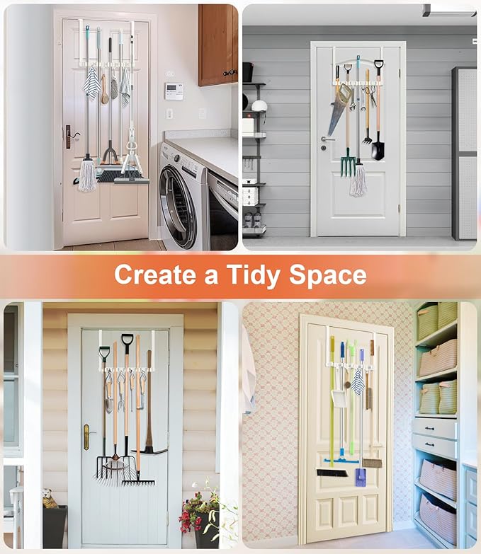 Broom Holder Over The Door Drilling Free Mop and Broom Holder with 4 Over Door Hook, Metal Mop and broom hanger Wall Mount Broom Storage Tool Organizer for Laundry Room Garage Bathroom - white